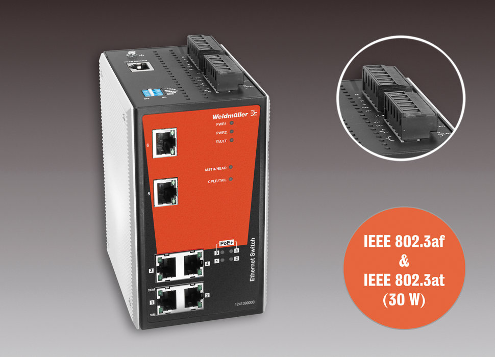 Conmutadores con alimentación mediante Ethernet de Weidmüller: conmutadores de 6 puertos, gestionados y sin gestionar, con 4 puertos PoE+. – Nuevos conmutadores Ethernet industriales PoE+ para aplicaciones de comunicación industrial.